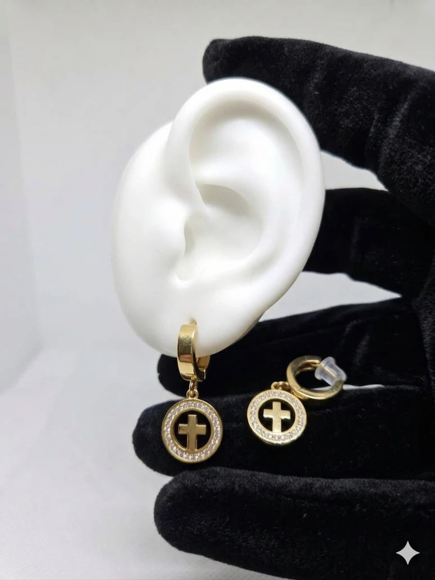 Gold Tone Cross Hoop Earrings with Rhinestones