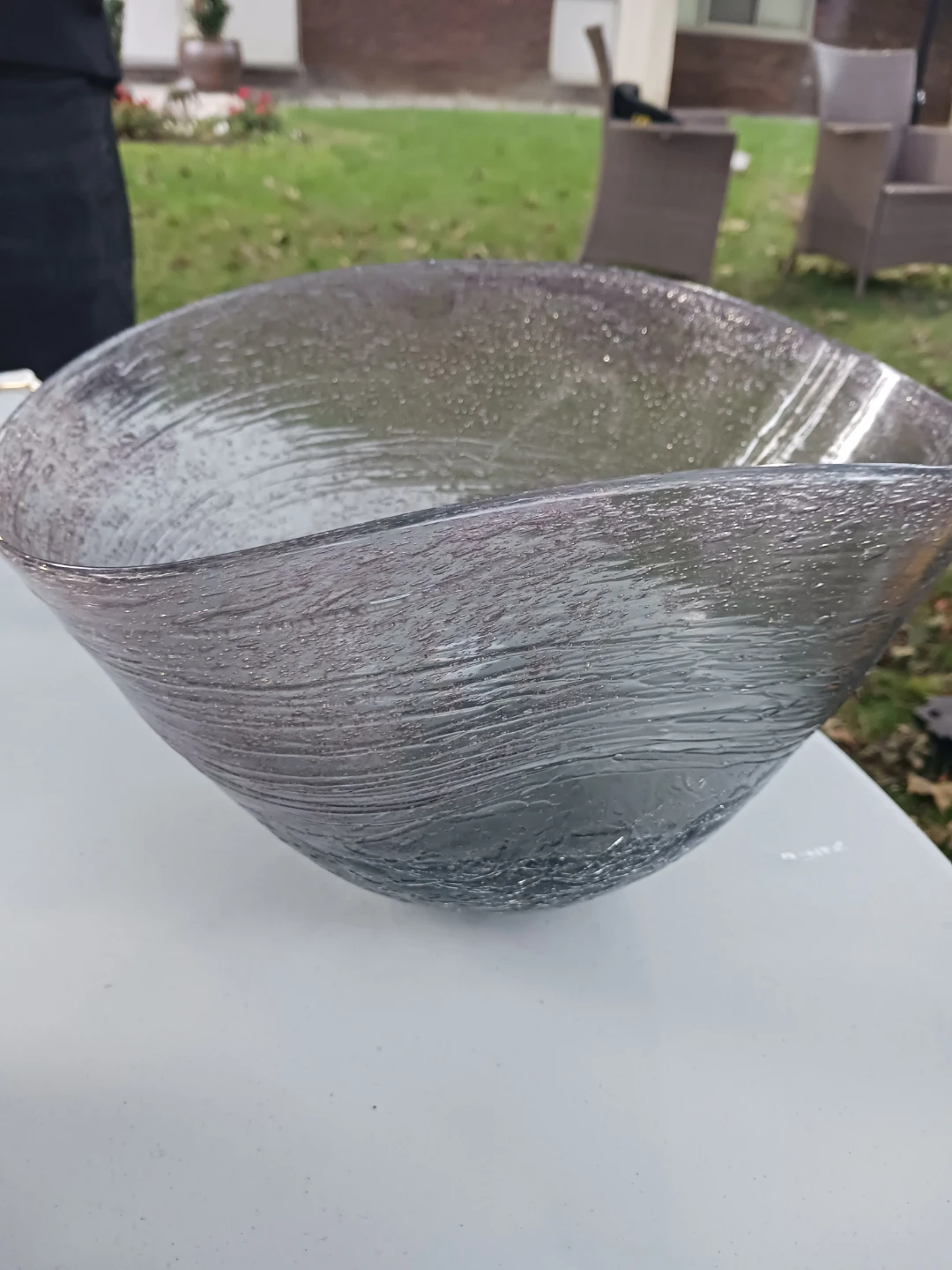 Large grey textured glass serving bowl