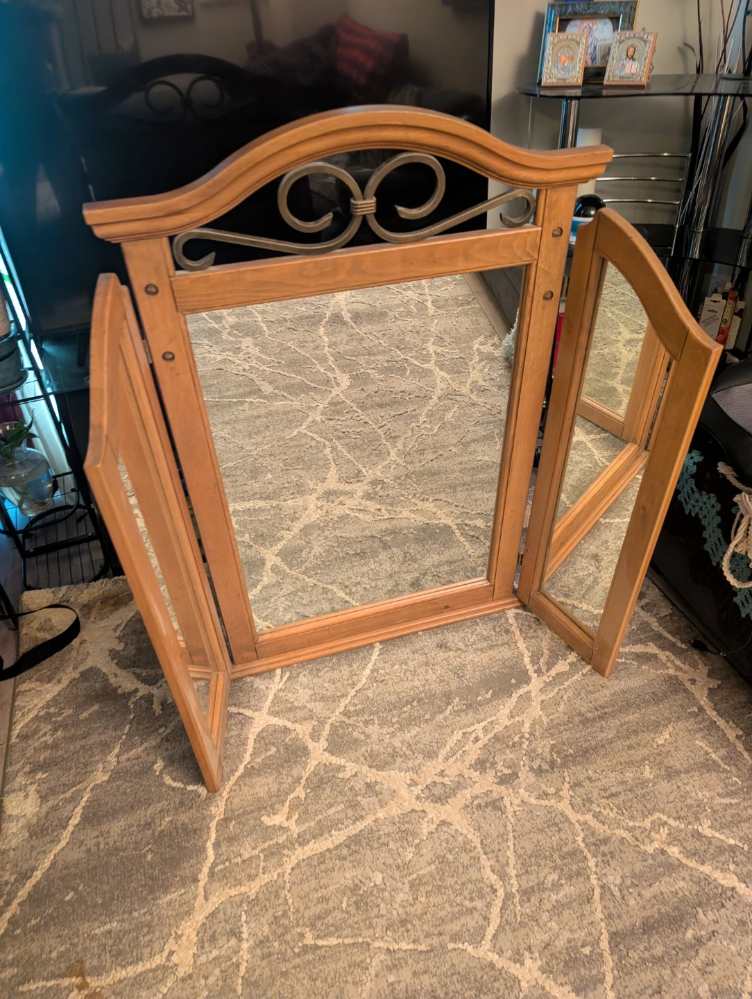 Trifold Wooden Vanity Mirror