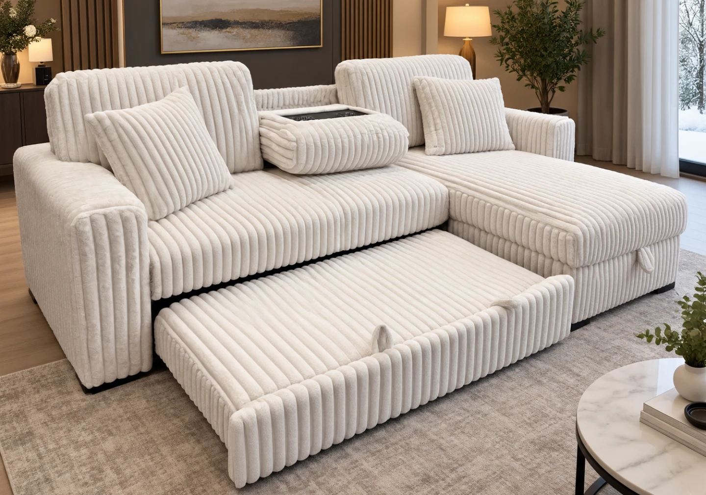 White Corduroy Sectional Sofa with Pull-Out Bed