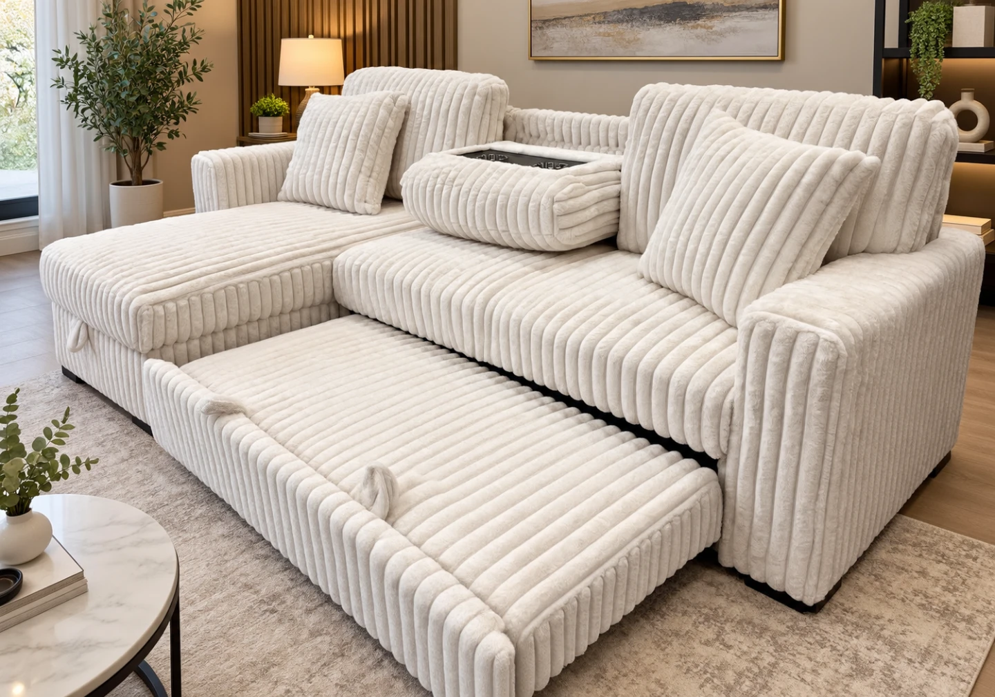 White Corduroy Sectional Sofa with Pull-Out Bed - photo 2