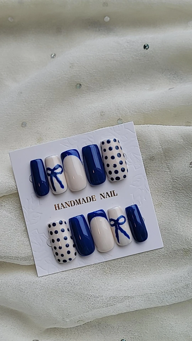 Handmade Press-On Nails Navy Blue and White