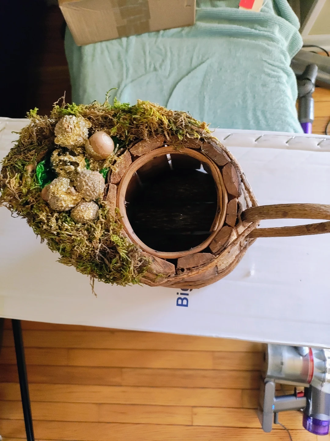 Vintage Rustic Bark Pitcher Planter with Woodland Moss & Acorns - photo 3