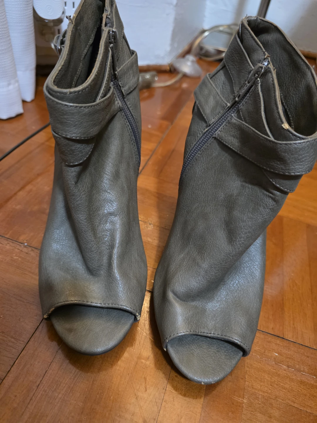 Material Girl Gray Peep-Toe Ankle Boots