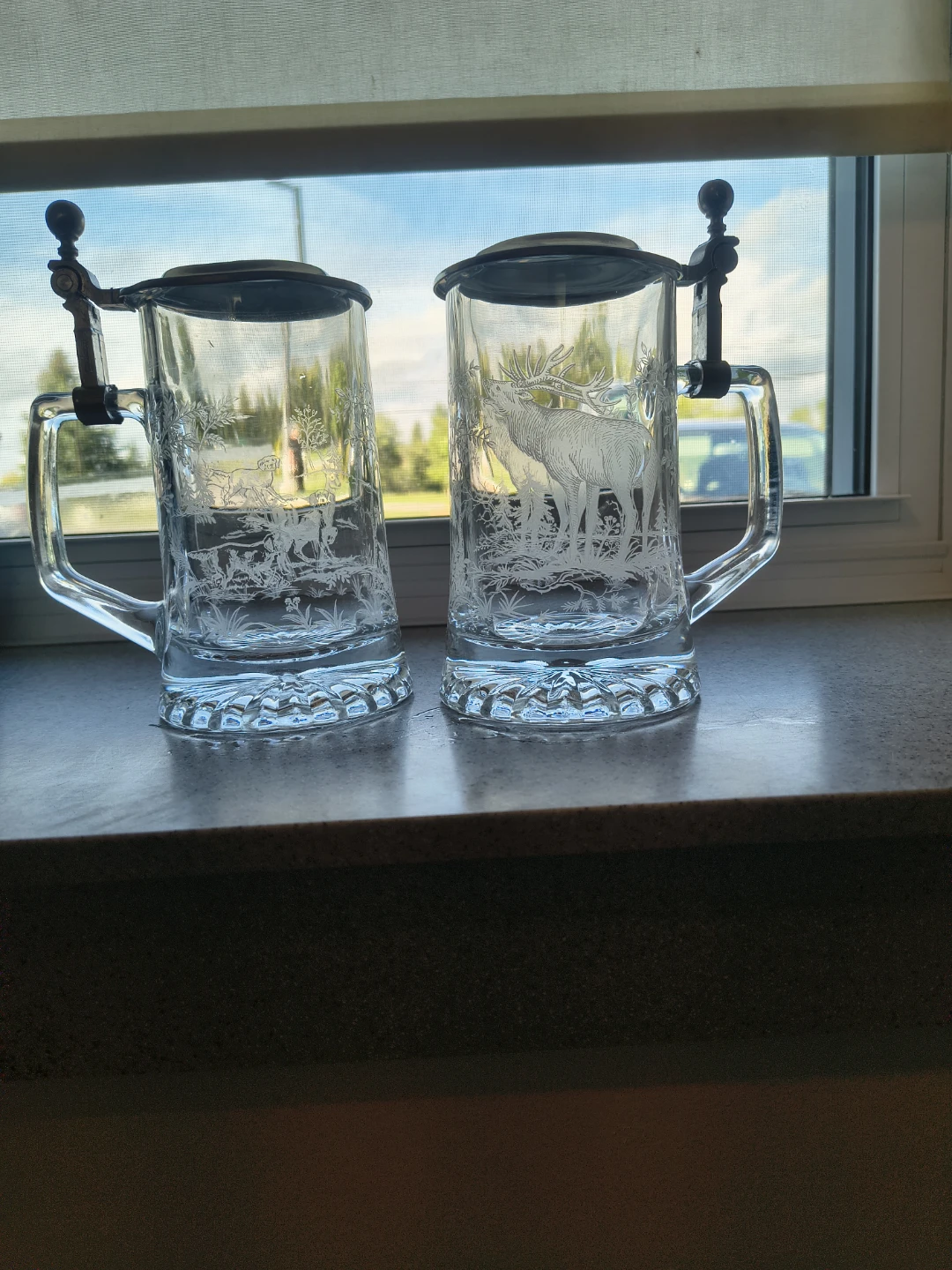 Set of Two Vintage Etched Glass Beer Steins
