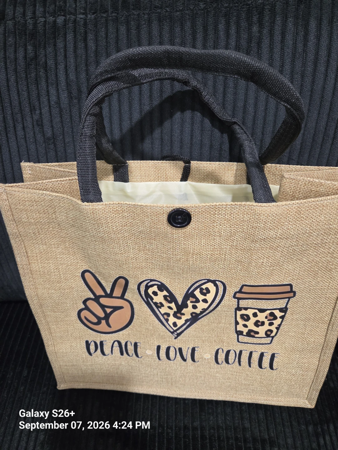 Peace Love Coffee Jute Tote Bag