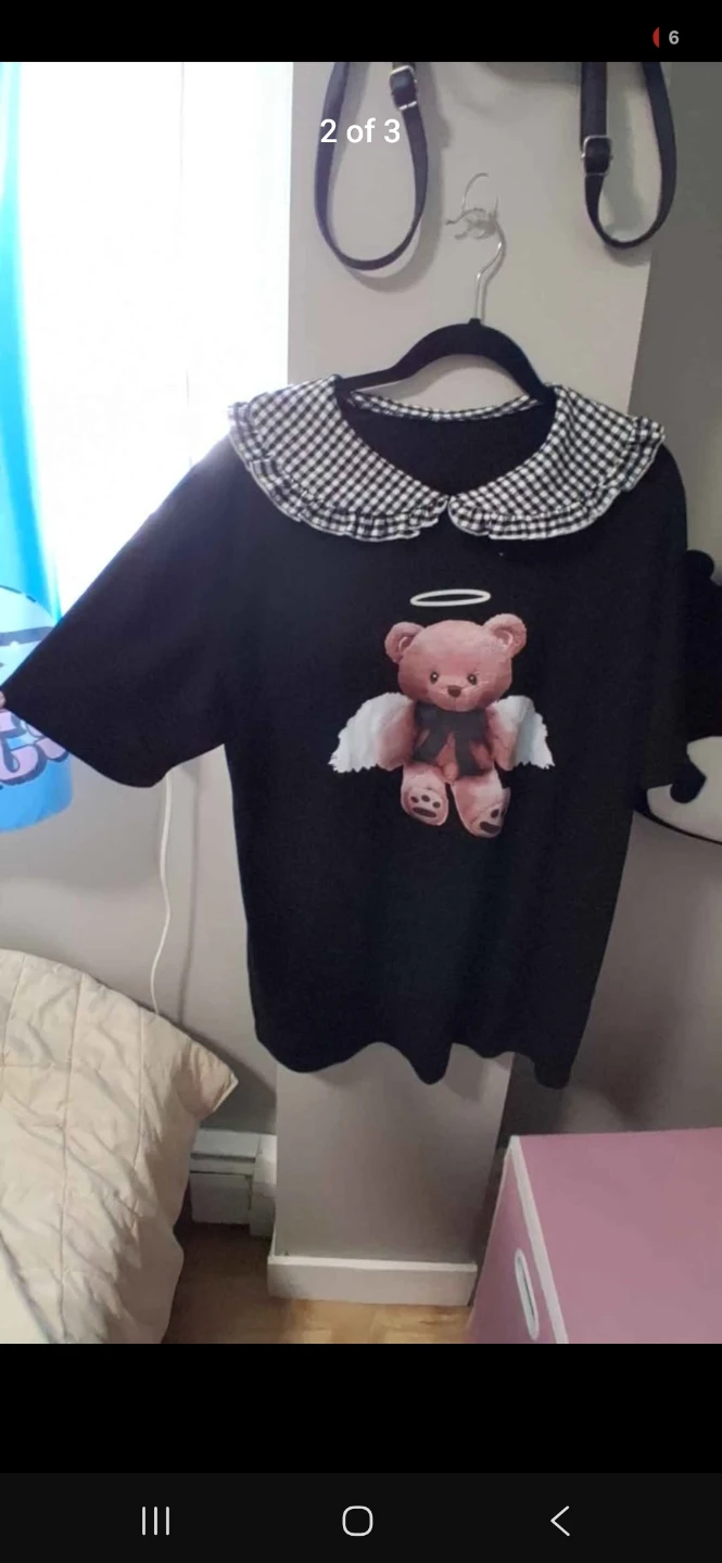 Black T-Shirt dress with Angel Bear Graphic and Gingham Collar - photo 2