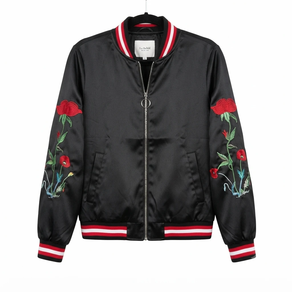 La Babité Black Satin Bomber Jacket with Red Floral Embroidery