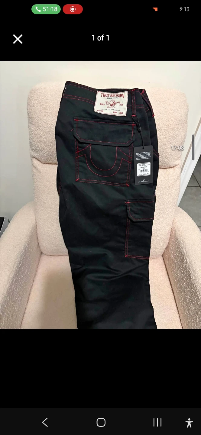 True Religion Black Cargo Pants with Red Stitching