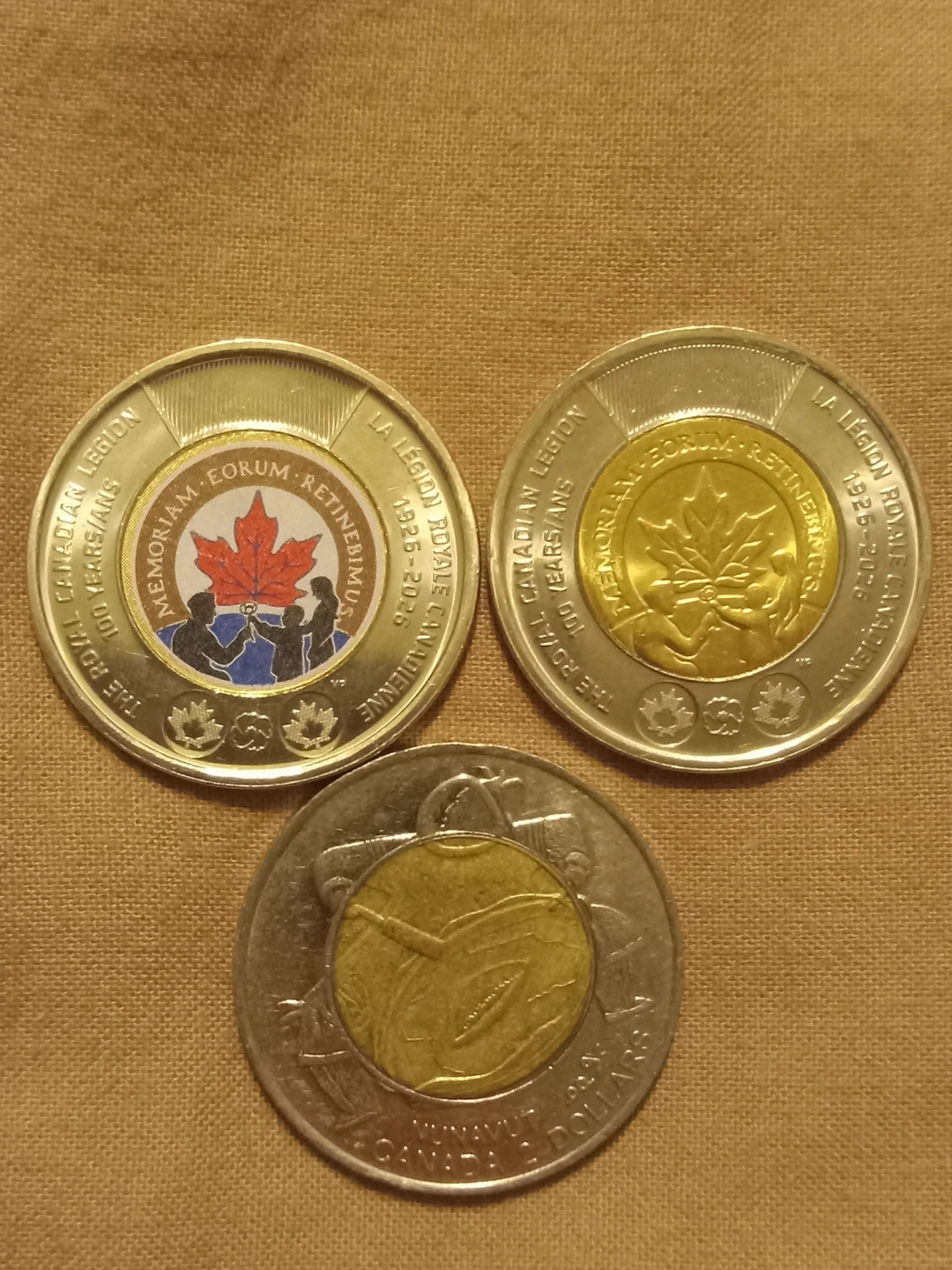 3 Commemorative Toonies – Coloured Legion, Legion & Nunavut