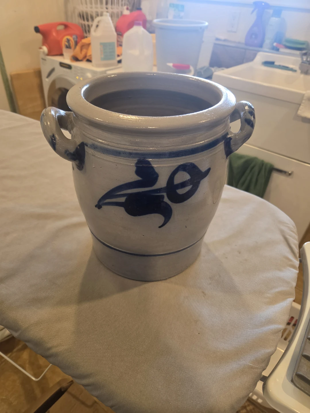 Vintage Stoneware Crock with Blue Stenciling