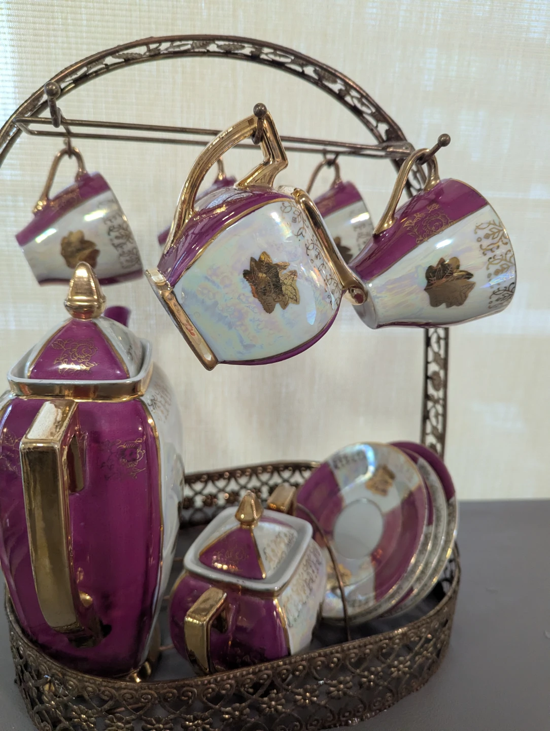 Vintage Purple and Gold Tea Set with Stand - photo 3