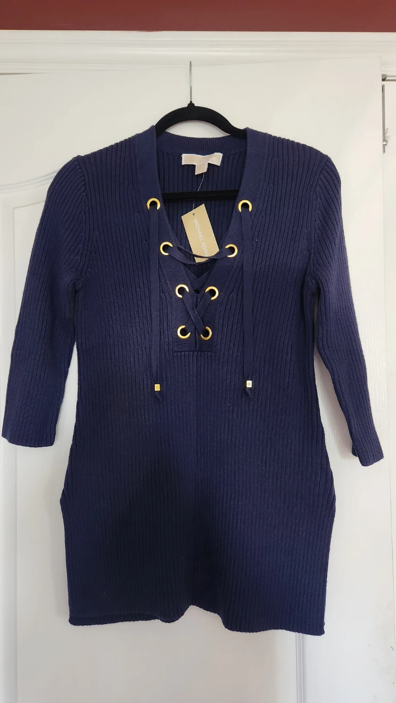MICHAEL KORS Navy Lace-Up Ribbed Knit Sweater Dress