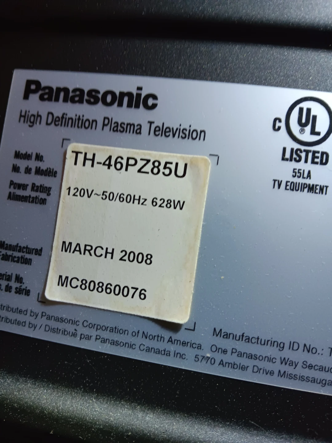 Panasonic 46-inch Plasma Television TH-46PZ85U - photo 3