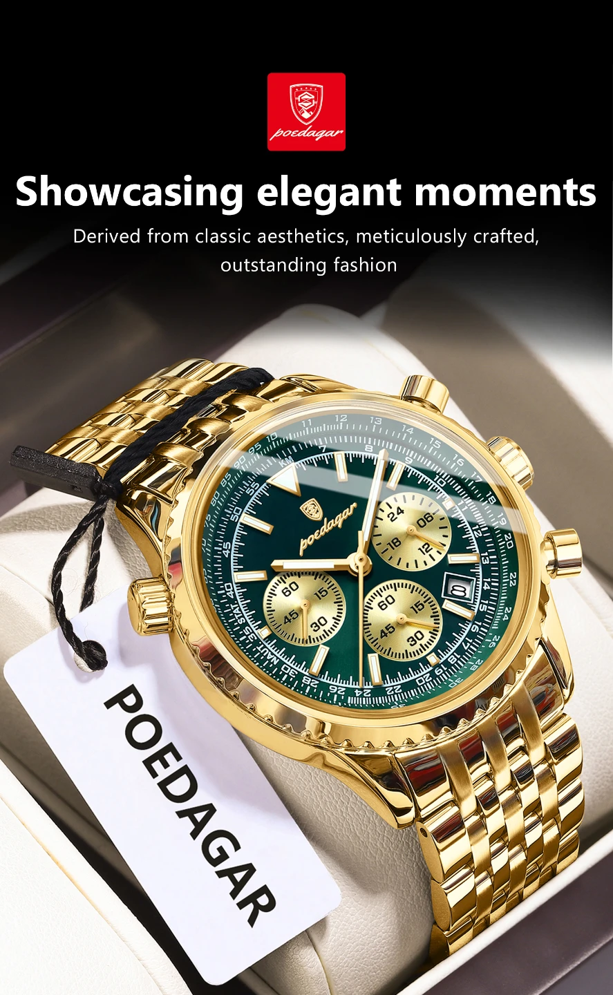 Poedagar Gold Tone Green Dial Chronograph Watch