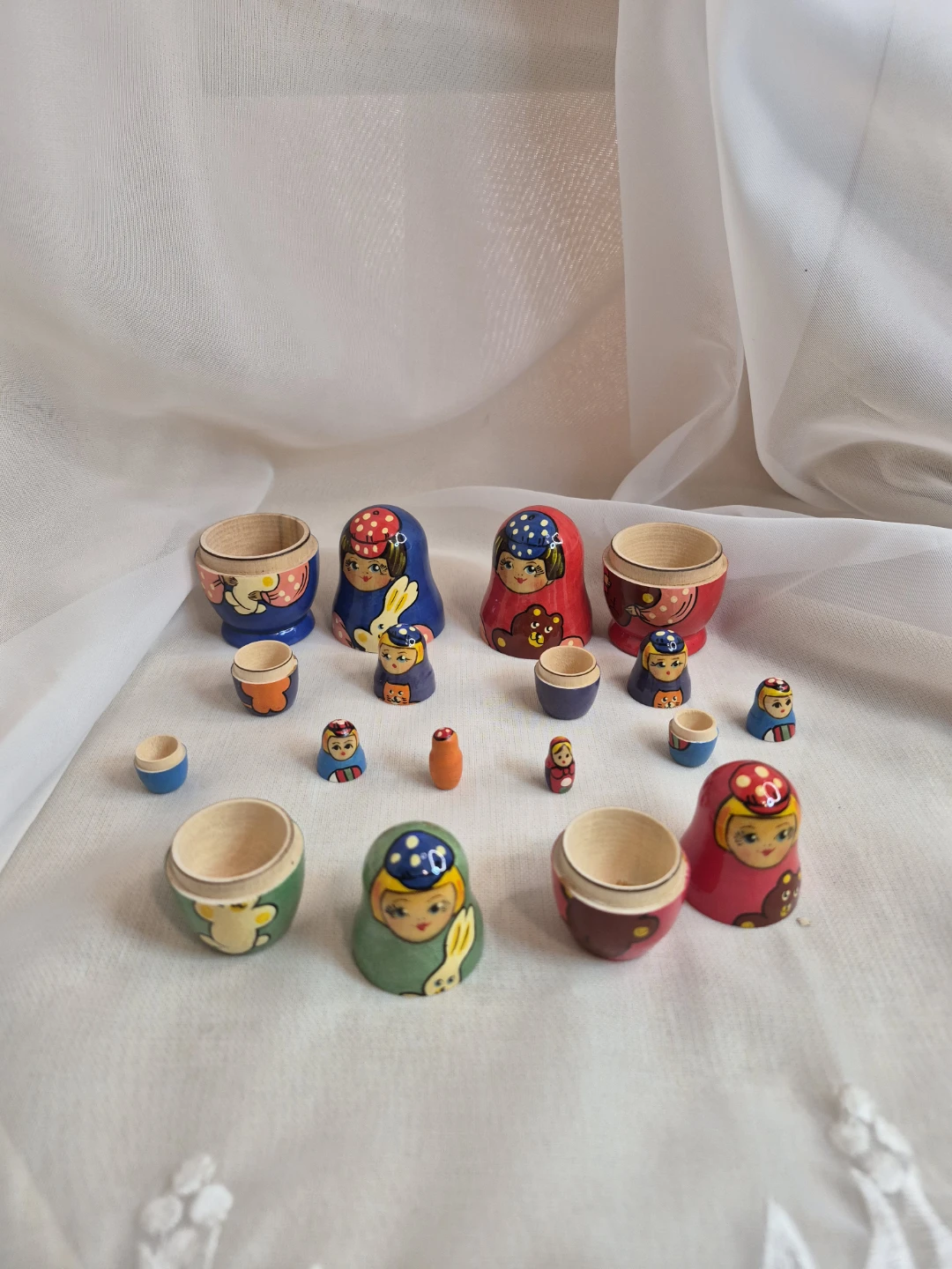 A Pair- 2 Set of 5 Wooden Russian Staking Dolls Sets - photo 5
