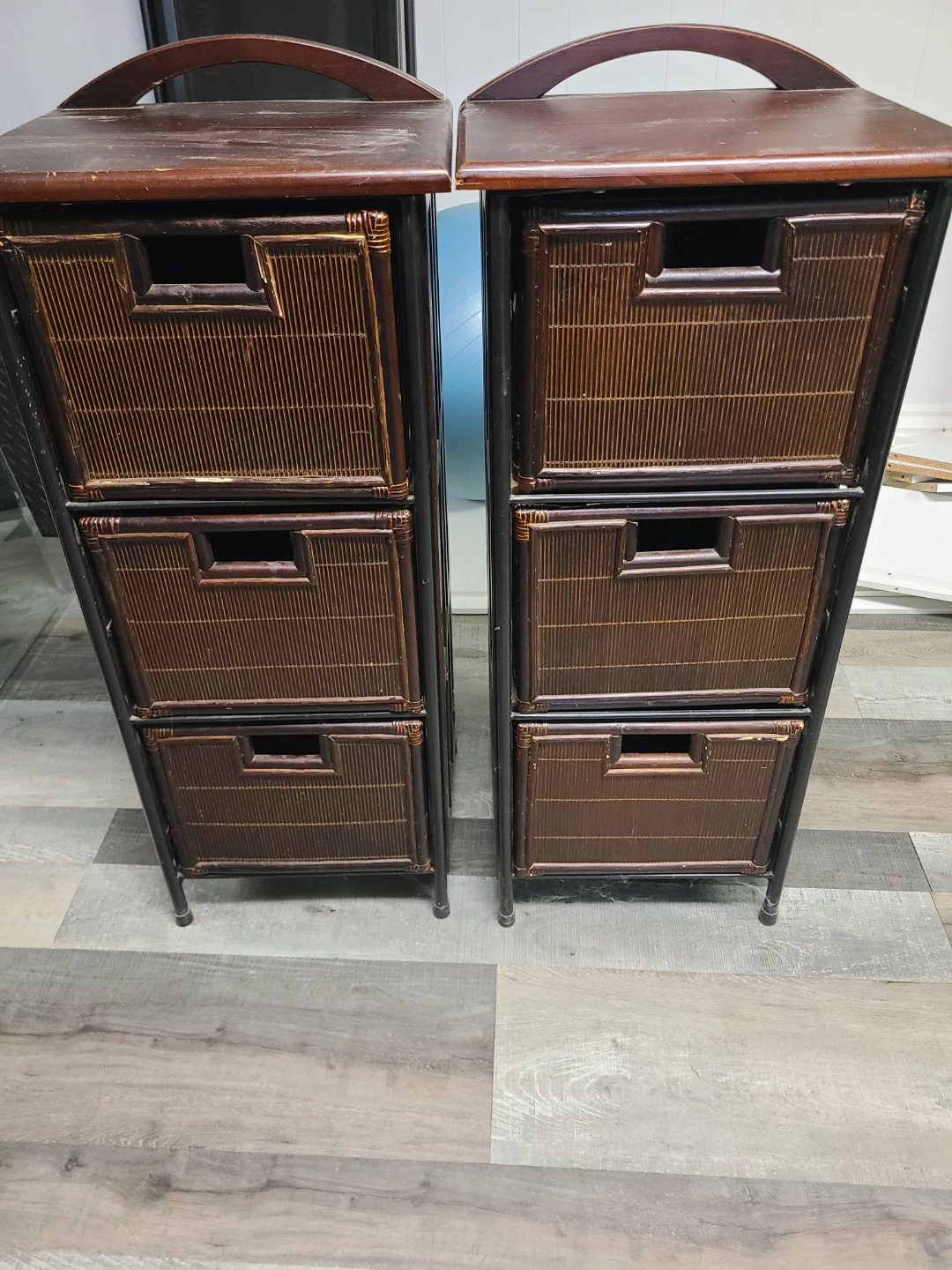Set of Two Dark Wood and Rattan Drawer Units