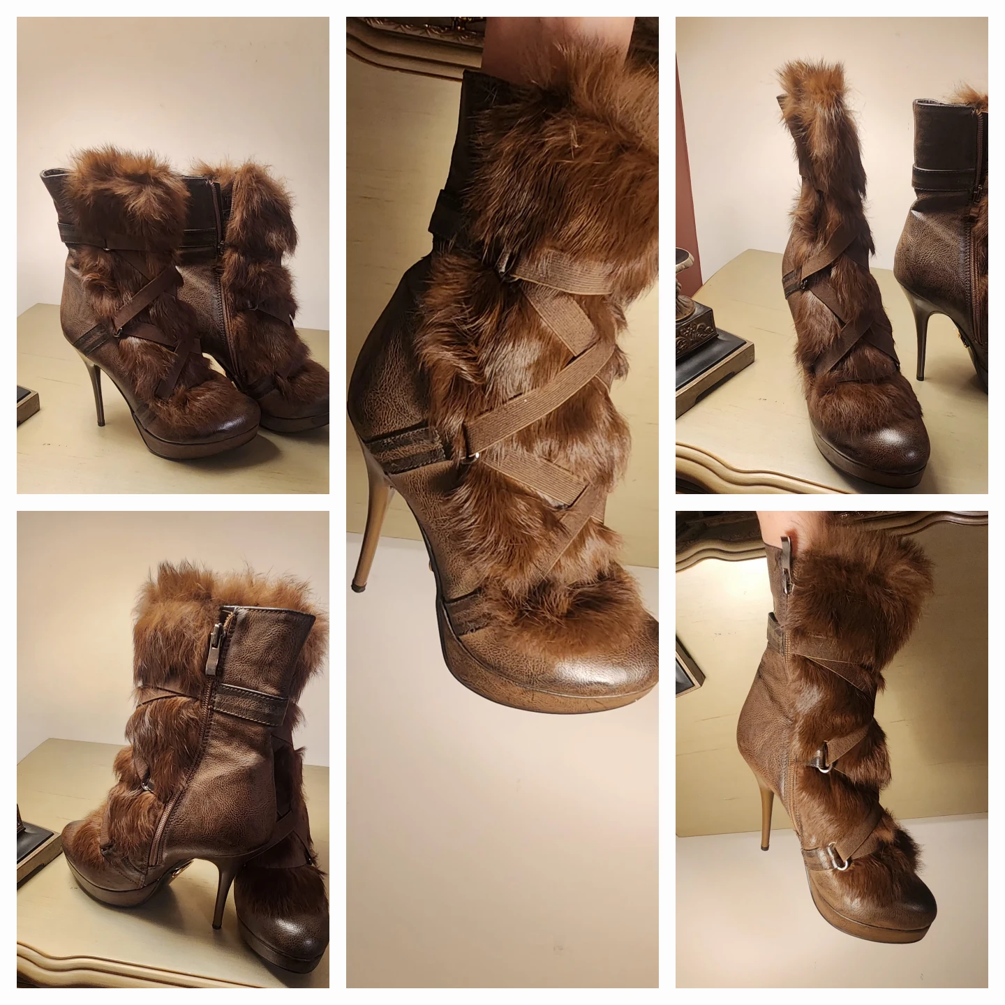 Brown Faux Fur Stiletto Ankle Boots