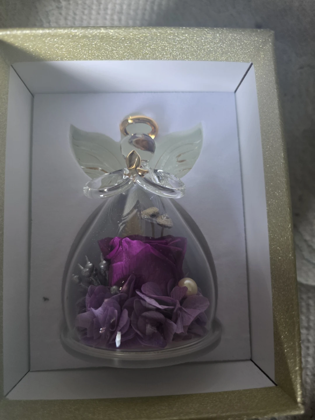 Glass Angel Figurine with Preserved Purple Rose