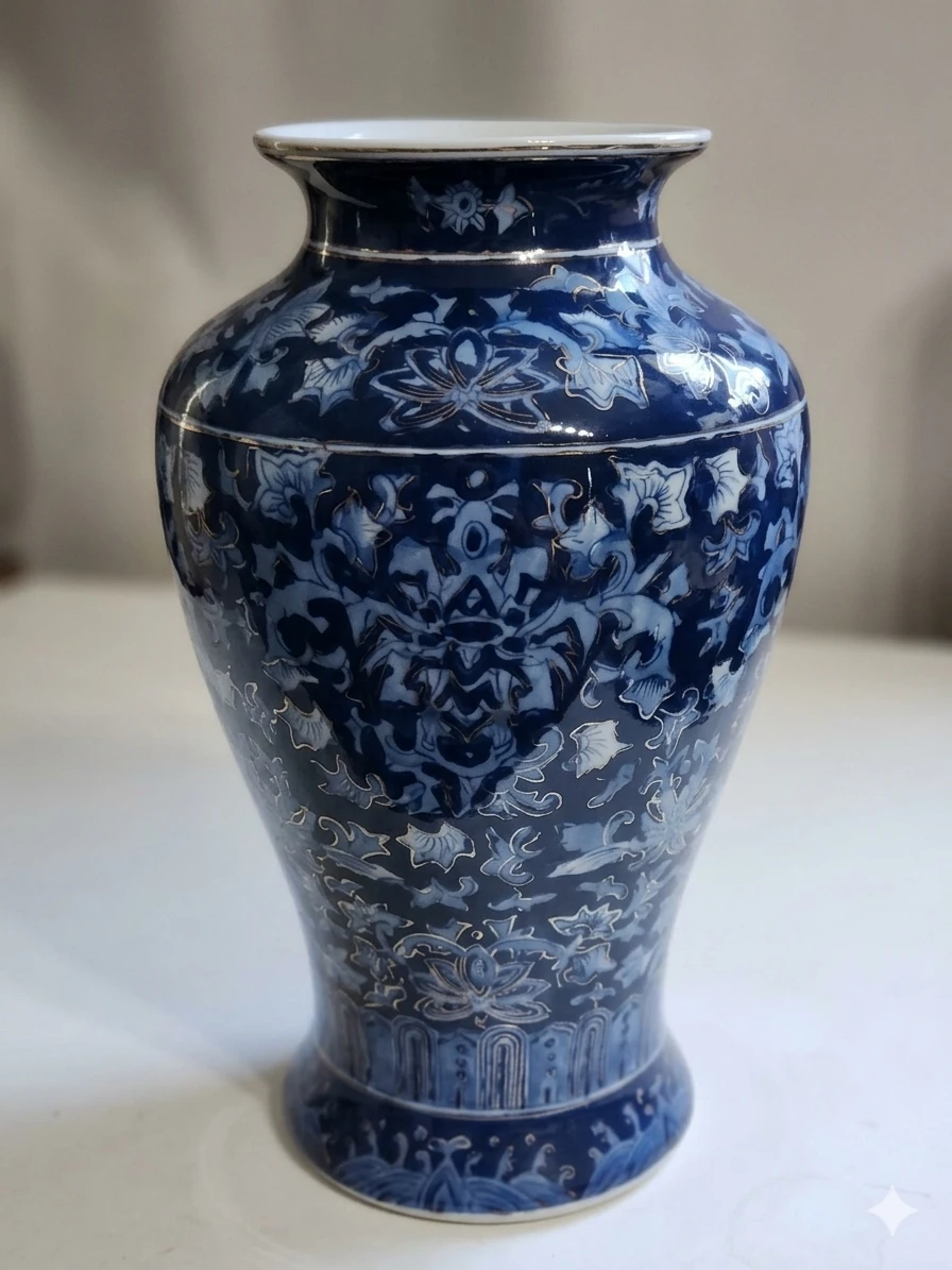 12" Chinese Satsuma Cobalt Blue Porcelain Vase - Gold Gilt Trim