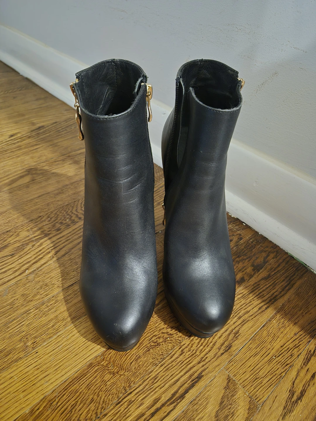 Black Heeled Ankle Boots with Gold Zippers - photo 2