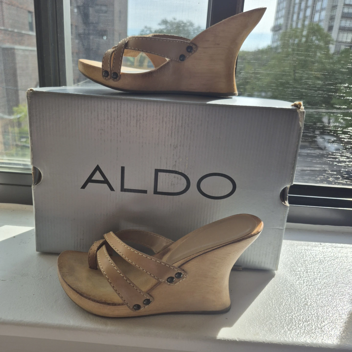 Aldo Wood Wedge Sandals Tan