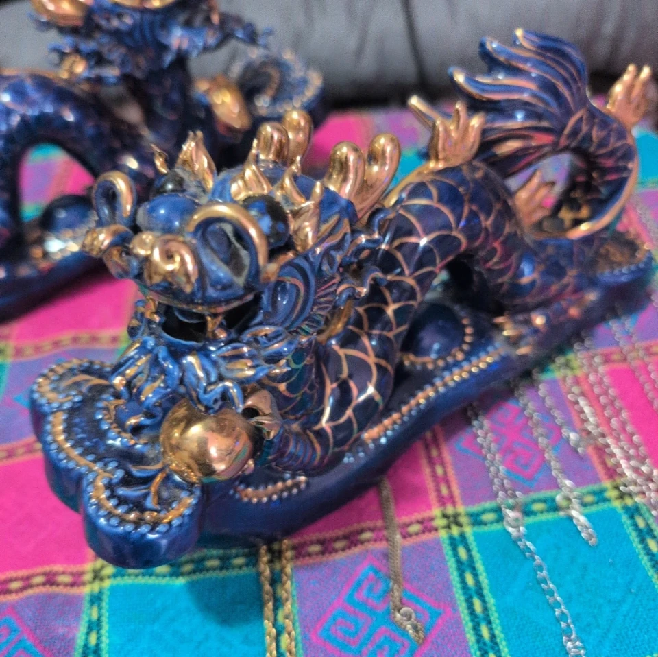 Chinese Dragons Set, ceramic blue & gold - photo 2
