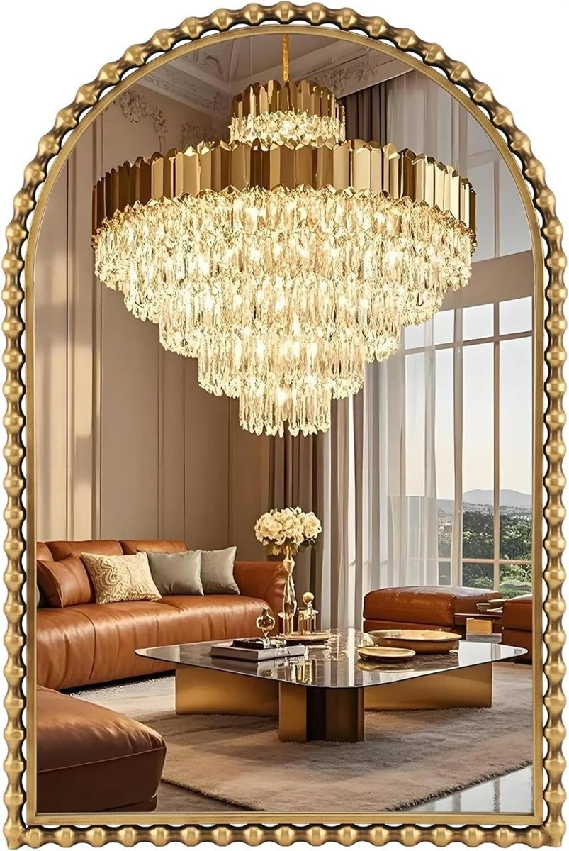 Arched Wall Mirror with Gold Beaded Frame