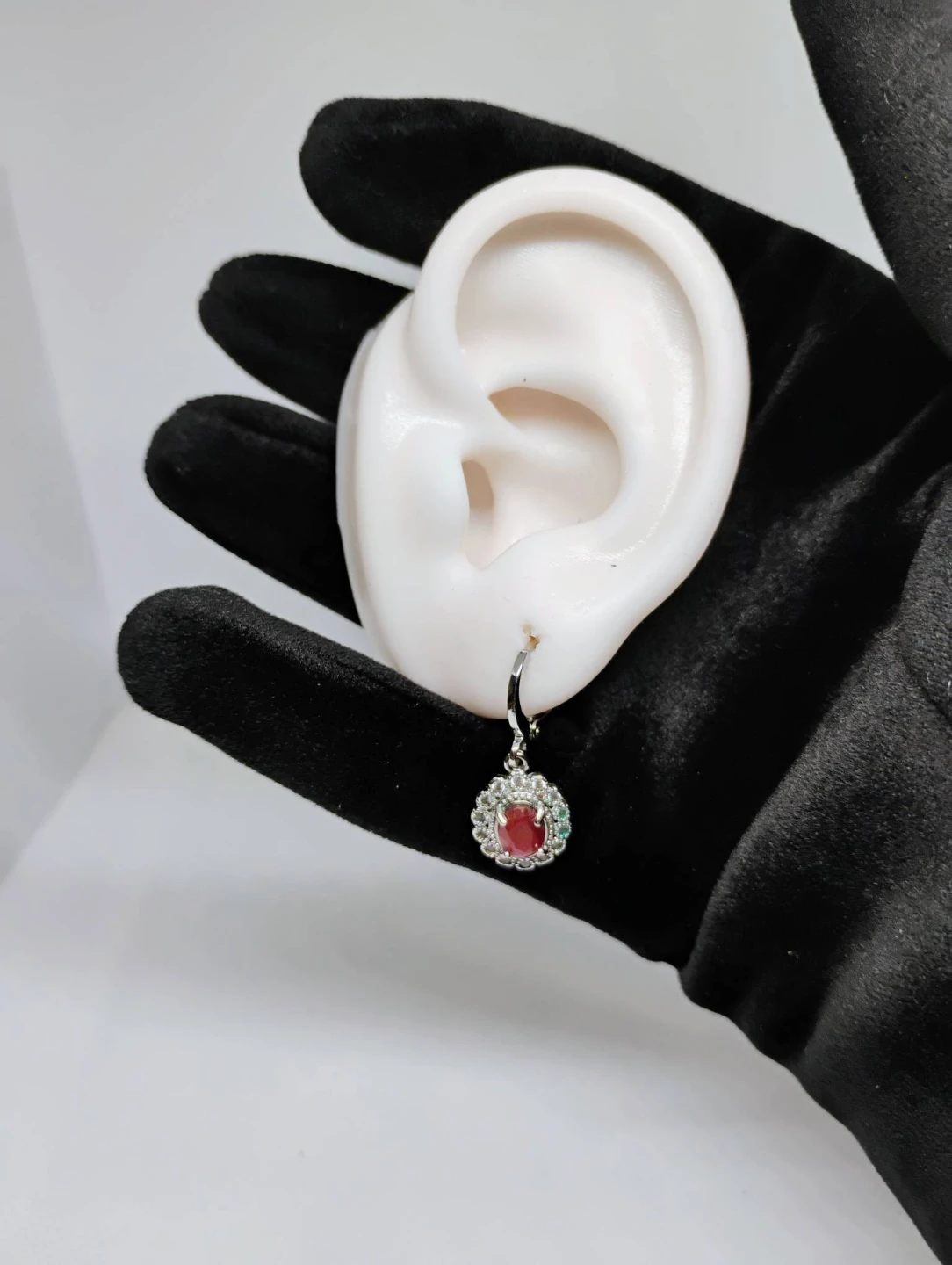 Silver Ruby Flower Pendant Necklace & Earrings Set - photo 5