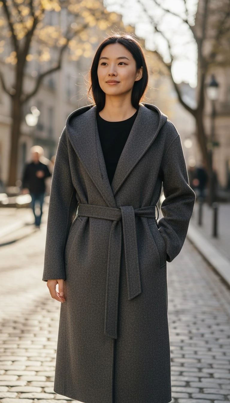 Dark Grey Hooded Wool Coat