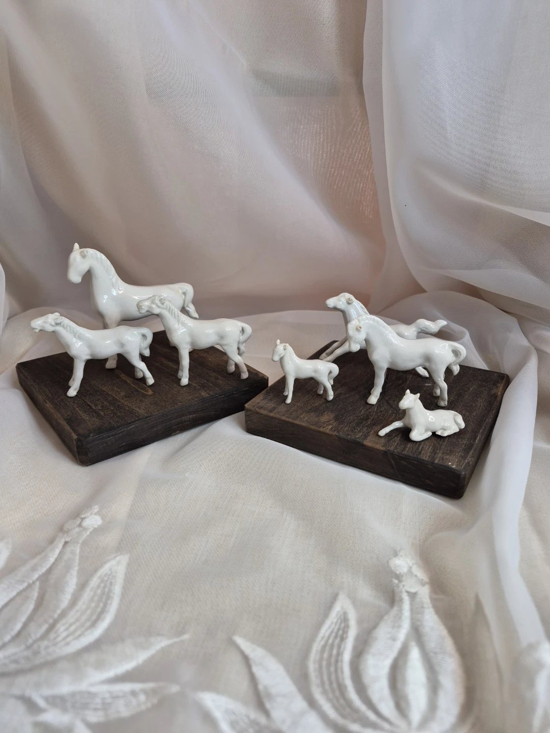 Set of 7 Vintage Little White Porcelain Horse Figurines