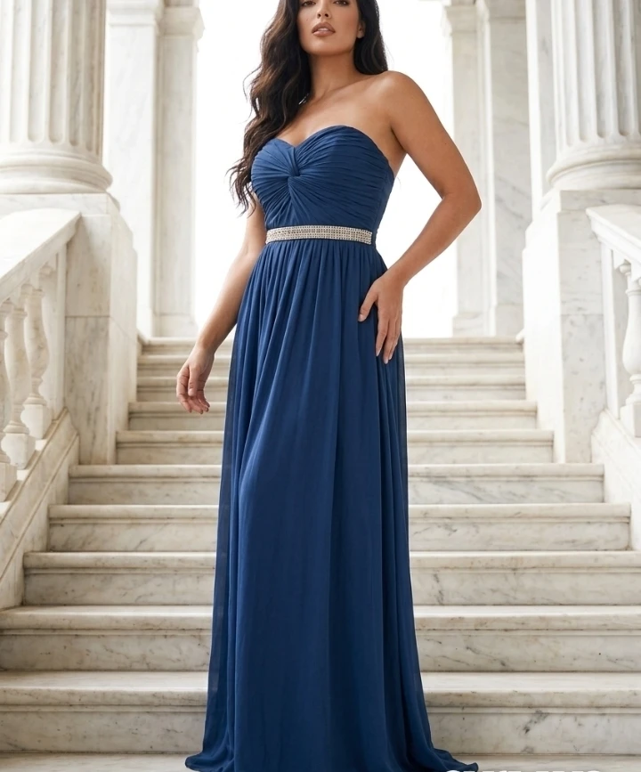 Navy Blue Strapless Chiffon Evening Gown