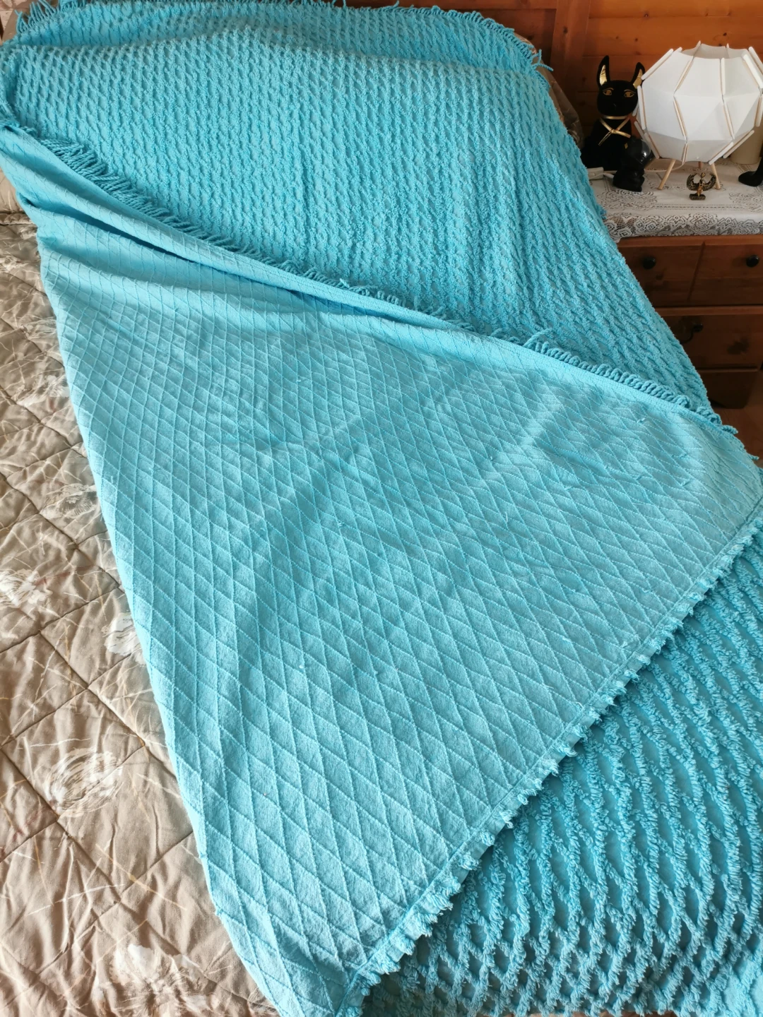 Vintage Aqua Turquoise Chenille Tufted Fringe Throw Bedspread - photo 5