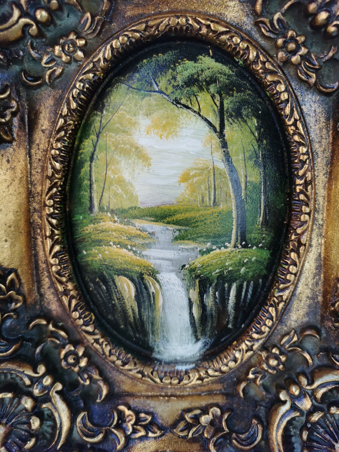 Vintage European Oil Landscape Painting Ornate Gilt Rococo Frame - photo 3