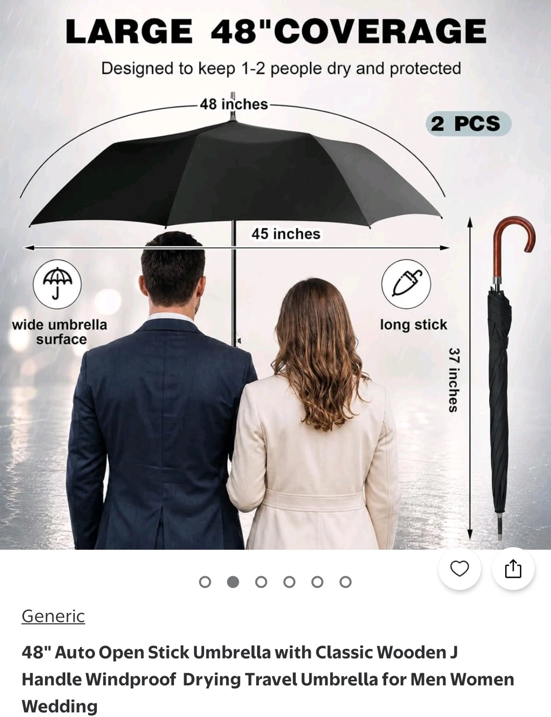 48" Auto Open Stick Umbrella with Wooden Handle - photo 4