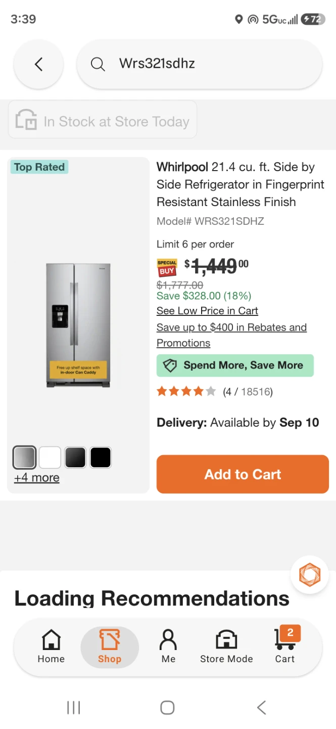 Whirlpool 21.4 cu. ft. 33in w Side-by-Side Refrigerator