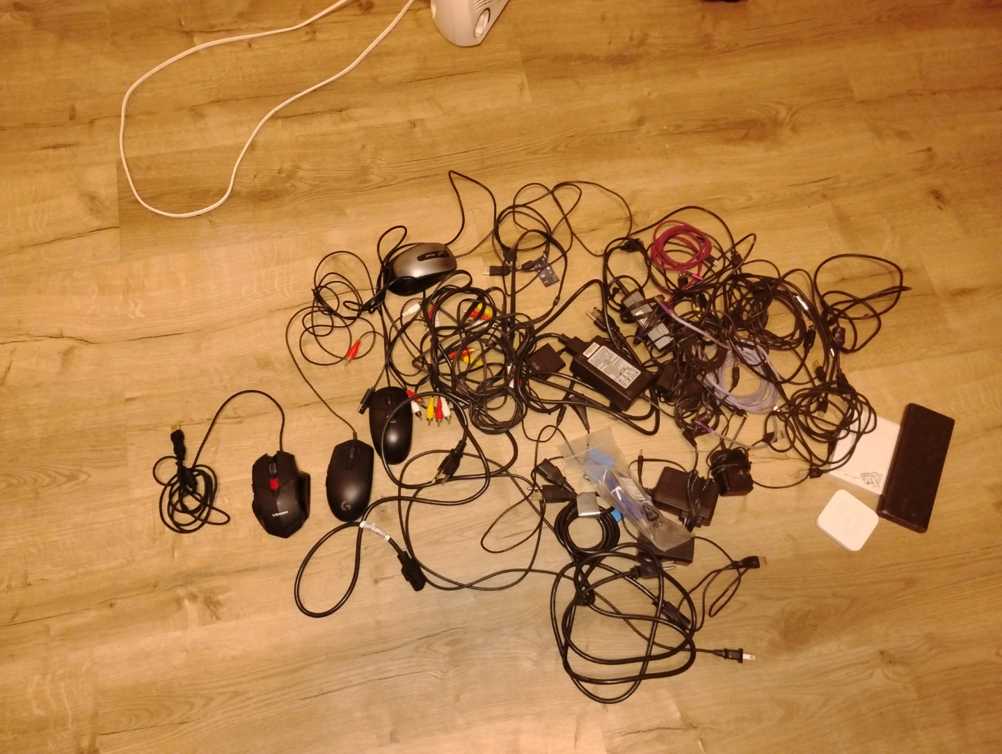 Assorted Tech Cables and Computer Mice