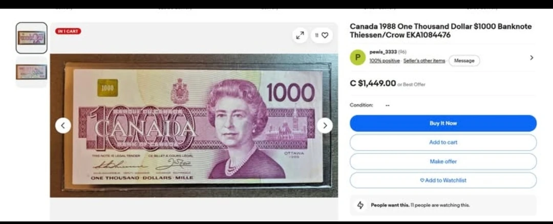 1988 Canadian $1000 Banknote - photo 4
