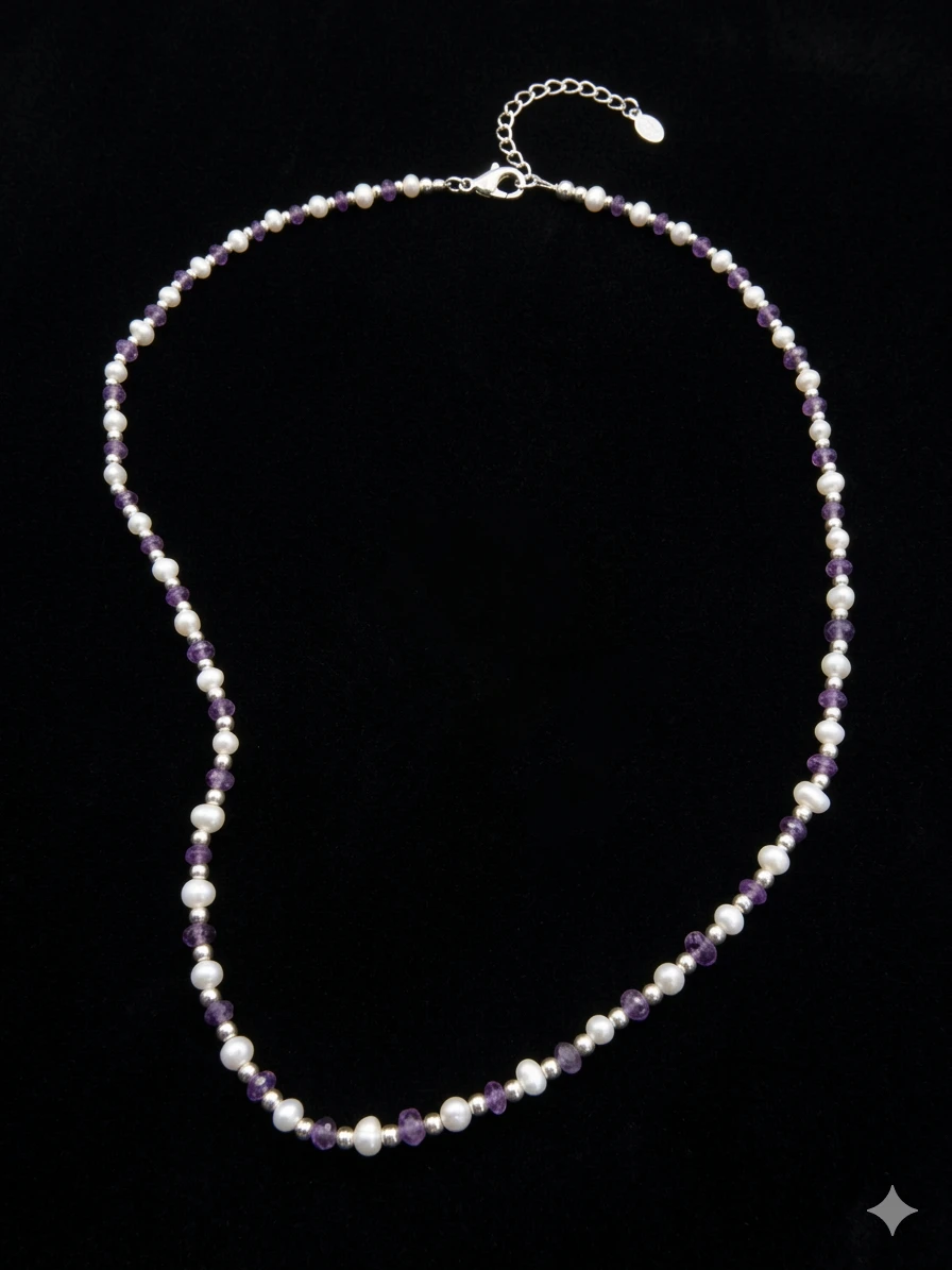 Sterling Silver Pearl and Amethyst Necklace