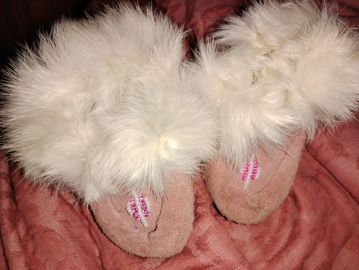 Suede Moccasin Slippers with Fur Trim