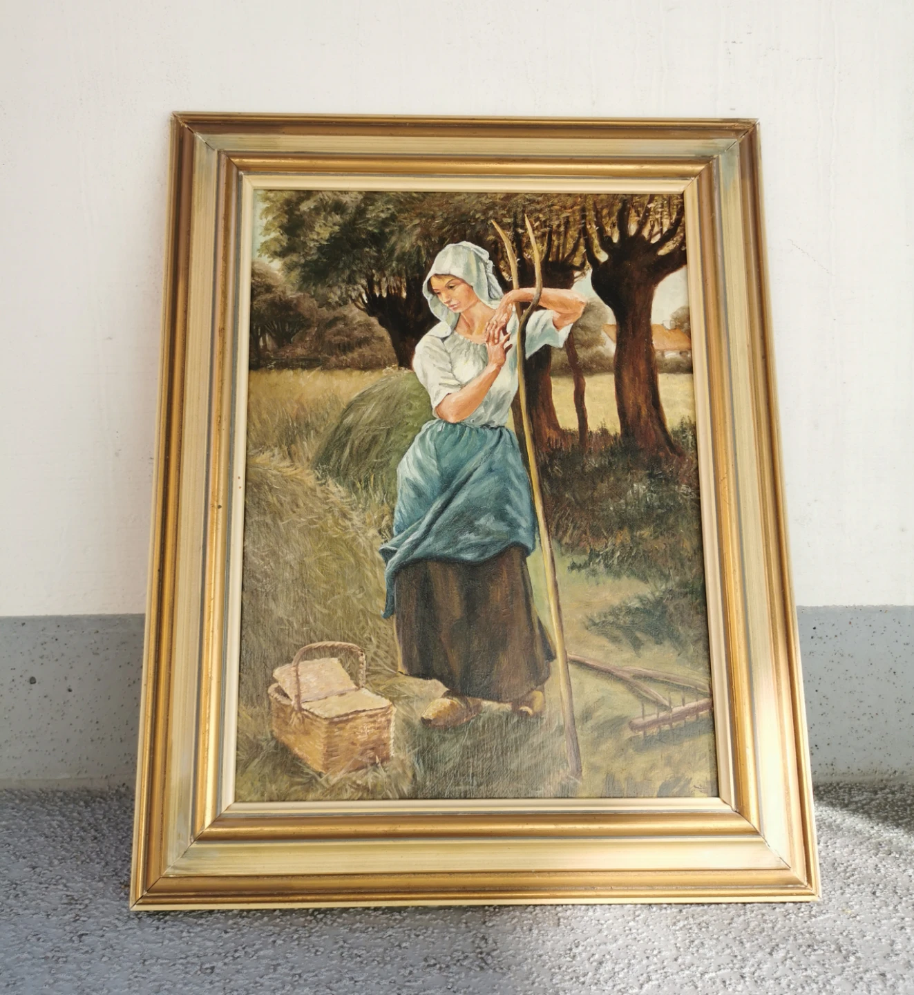 Vintage Hand-Painted European Harvest Scene Oil Painting - photo 2