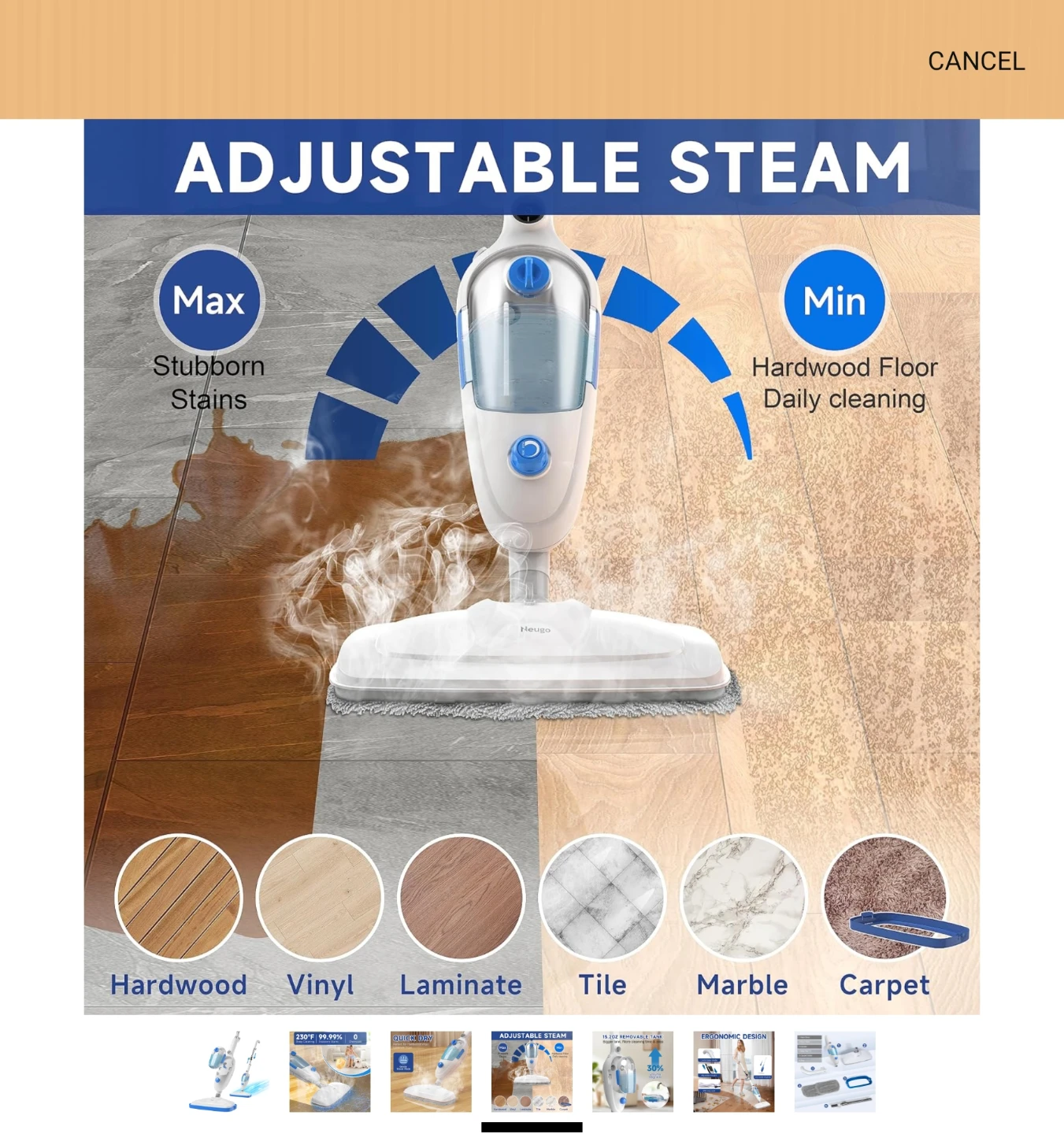 Hesgo Steam Mop for Hardwood, Vinyl, Laminate Floors - photo 4
