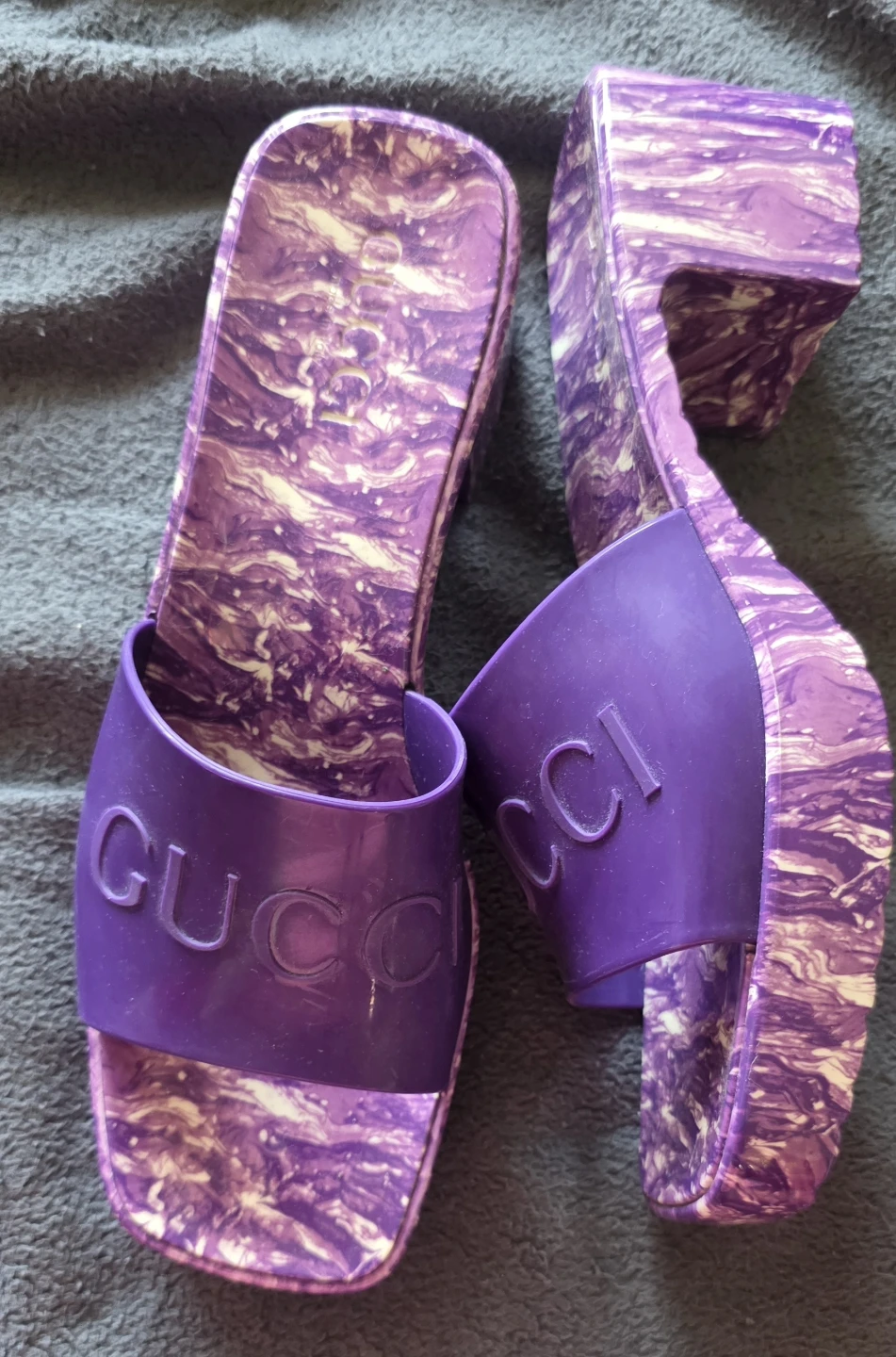 Gucci Purple Marbled Rubber Platform Slides