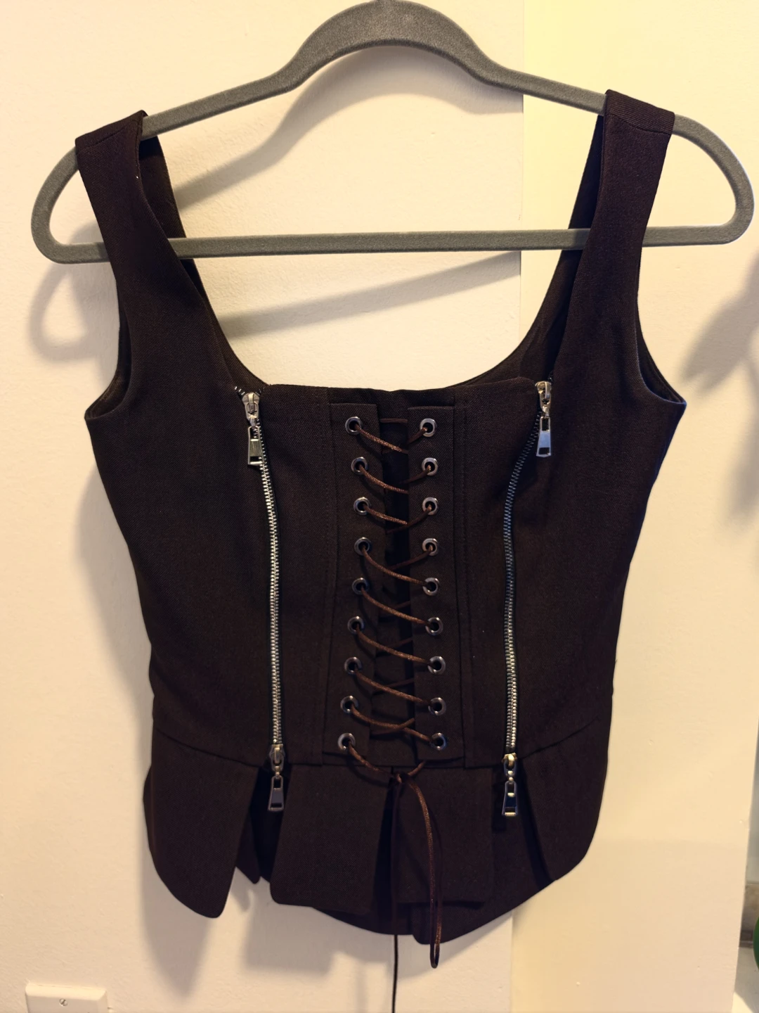 Dark Brown Corset-Style Peplum Top