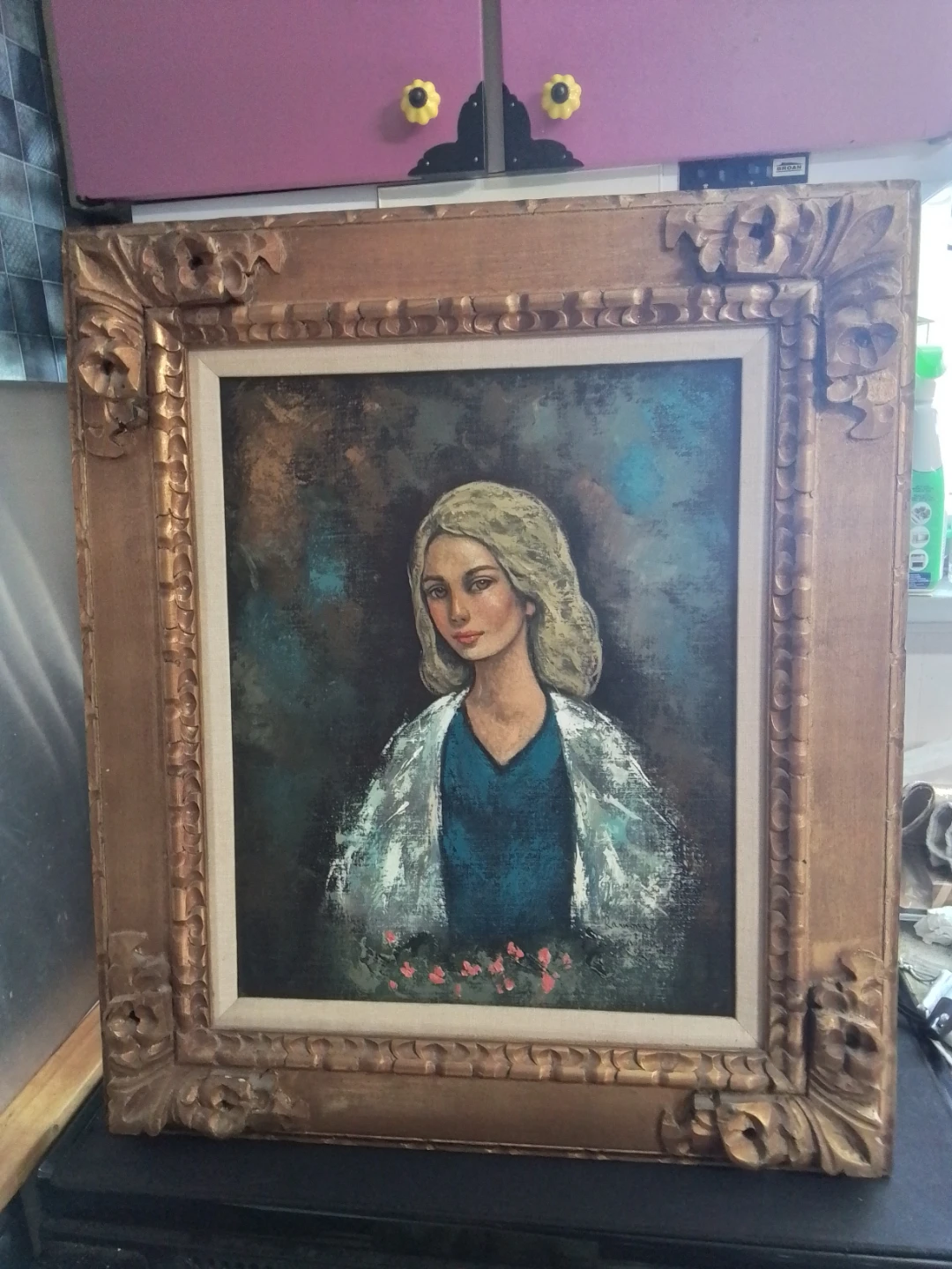 1960s MCM "Big Eye" Portrait Oil Painting by Ramona