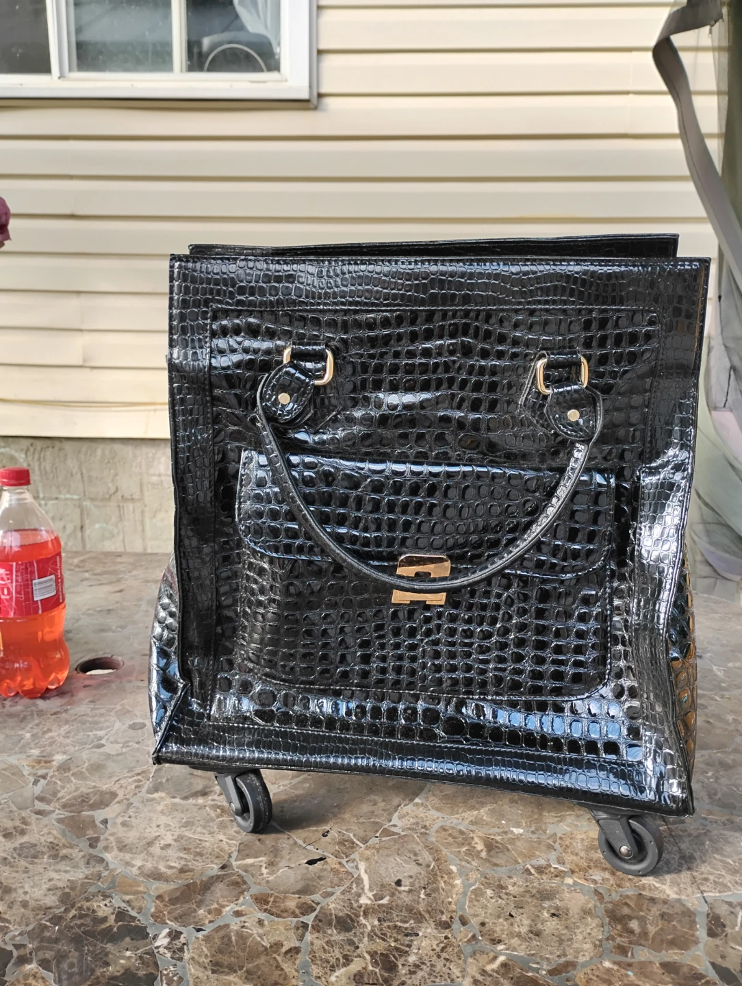 Black Croc-Embossed Rolling Tote Bag - photo 4