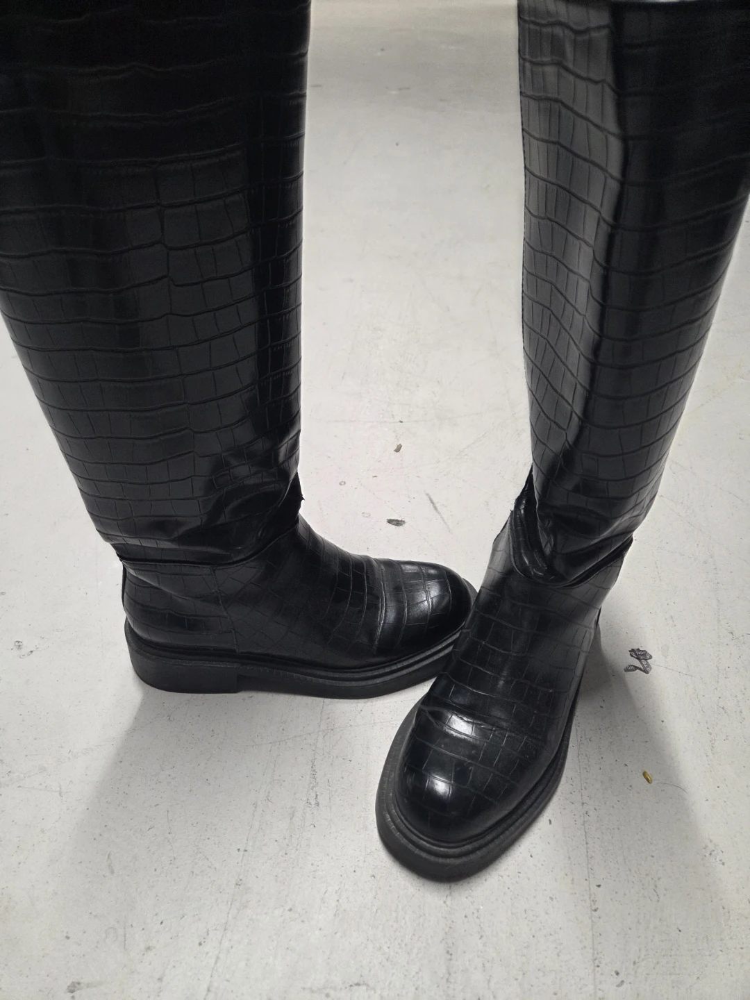 Black Croc-Embossed Knee-High Boots