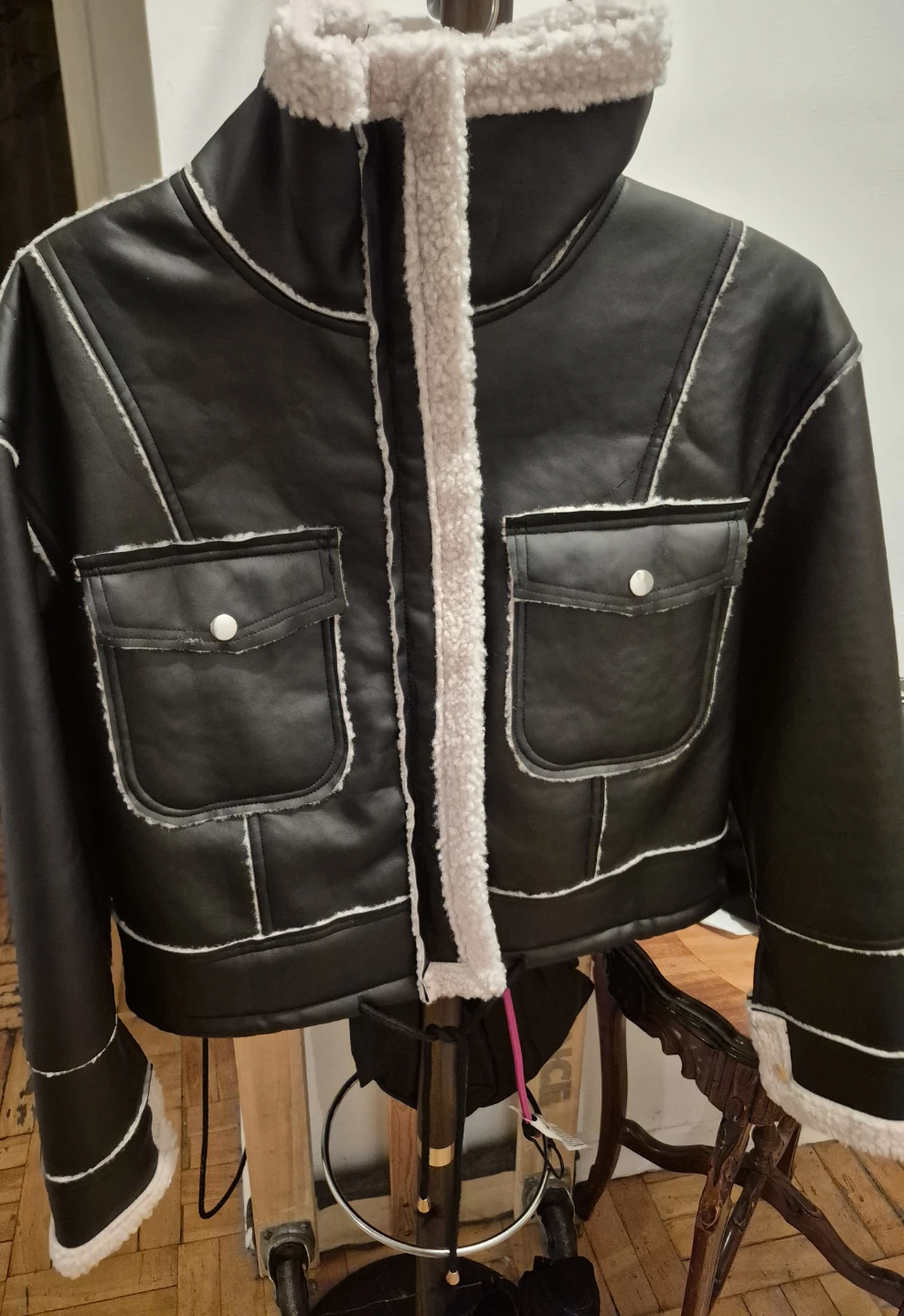 BN)Black Small Faux Leather Sherpa Jacket