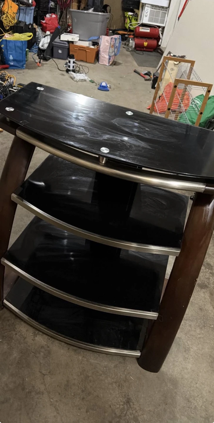 Black glass and wood media stand