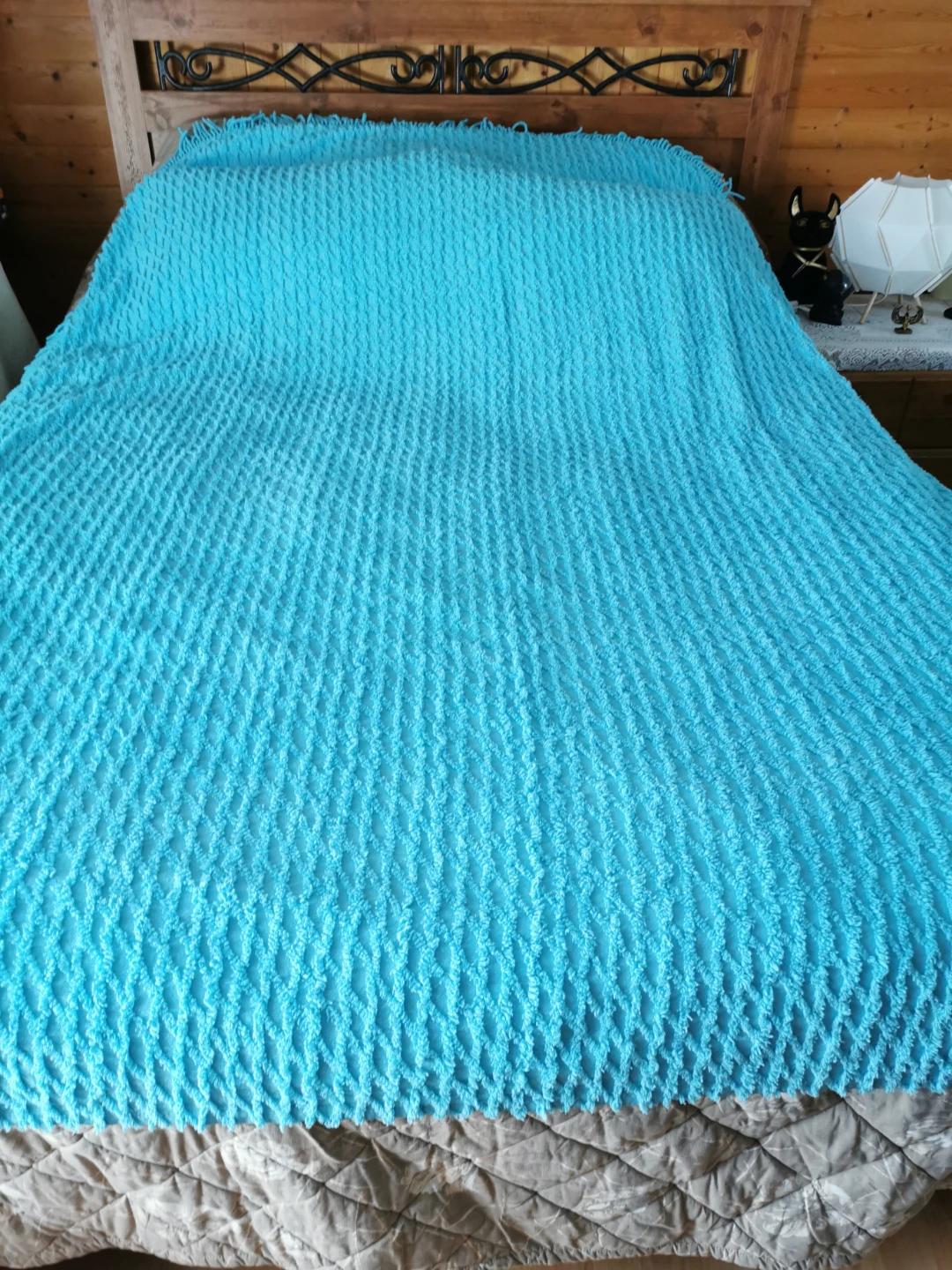 Vintage Aqua Turquoise Chenille Tufted Fringe Throw Bedspread - photo 2